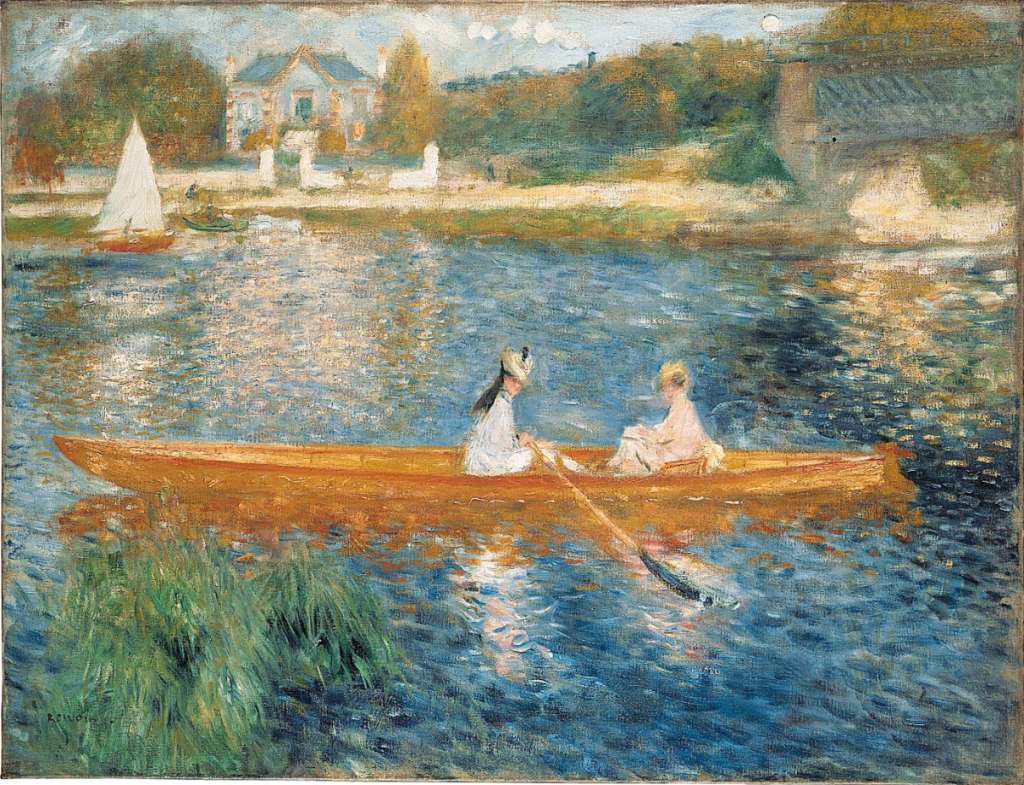 London National Gallery Top 20 17 Pierre-Auguste Renoir - Boating On the Seine Pierre Auguste Renoir - Boating on the Seine, 1879-80, 71 x 92 cm. Two young women row lazily on the Seine in the haze of a hot summers day. A slight breeze cools the air, as the sunlight flickers on the water, casting shadows and reflections on its rippling surface. The orange hue of the skiff against the blue of the river exploits the use of complementary colours.